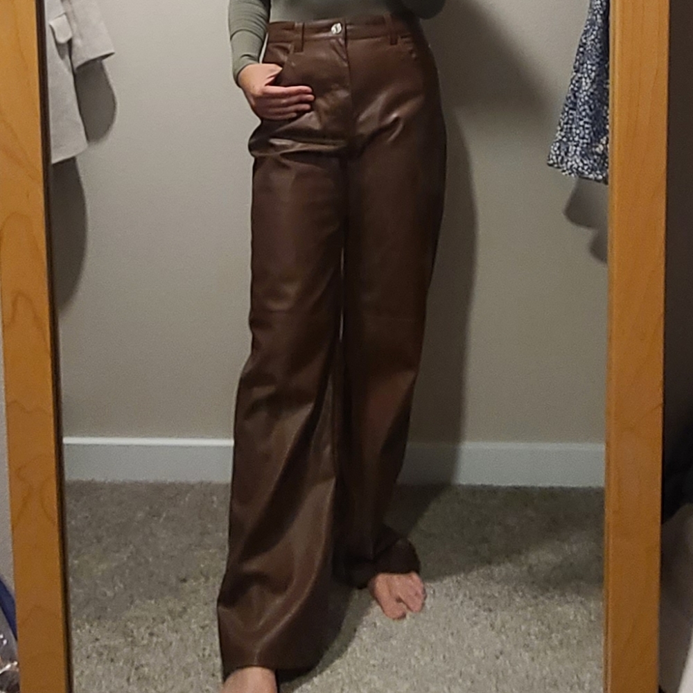 Bershka faux leather pant in brown